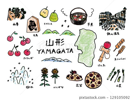 山形縣的可愛輕鬆的插圖集(黑色邊框) 山形縣的可愛輕鬆的插圖集(黑色邊框) 129105092