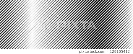 Halftone line gradient texture. Black diagonal stripe gradation background. Repeated slanted strokes pattern backdrop. Vibrating parallel lines wallpaper. Vanish oblique moire overlay. Vector 129105412