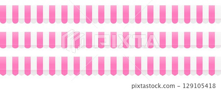 Striped shop tent repeated design set. Store window awning pattern collection. Cafe or restaurant roof canopy pack. Pink and white stall market place cover. Repeating stripe sunshade design. Vector Striped shop tent repeated design set. Store window awning pattern collection. Cafe or restaurant roof canopy pack. Pink and white stall market place cover. Repeating stripe sunshade design. Vector 129105418