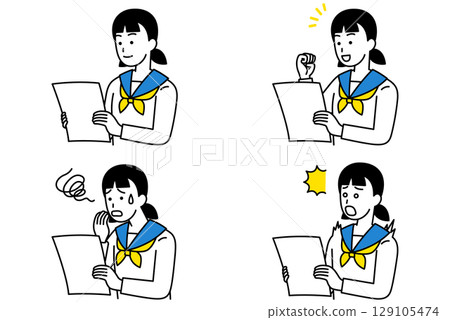 Female students looking at documents set Female students looking at documents set 129105474