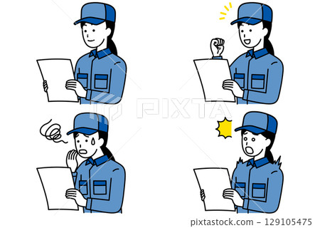 Woman in overalls looking at documents, set 129105475