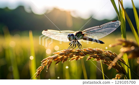 鄉村風光：蜻蜓停在稻穗上 129105700