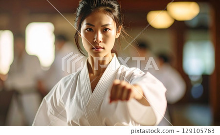 一名年輕女子練習空手道 129105763