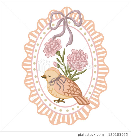 Vintage little bird and carnation flower in a wavy oval frame. Romantic coquette style design in soft colors. Perfect for greeting cards or mother day invitations. Great for summer print and poster. 129105955