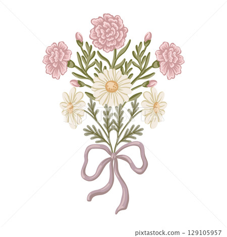 Vector illustration of a floral bouquet with ribbon. A bunch of pink carnation and white daisy flowers. Great for romantic card or summer poster design. Perfect for wedding invitation and graphic. 129105957