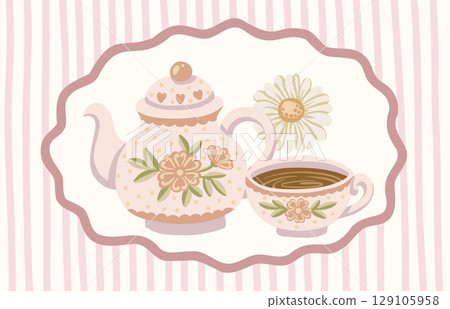 Kitchen vintage striped background with teapot and chamomile tea in rectangle wavy frame. Cute hand drawn doodle style in pink and beige. Great for postage stamp and invitations or menu poster design. 129105958