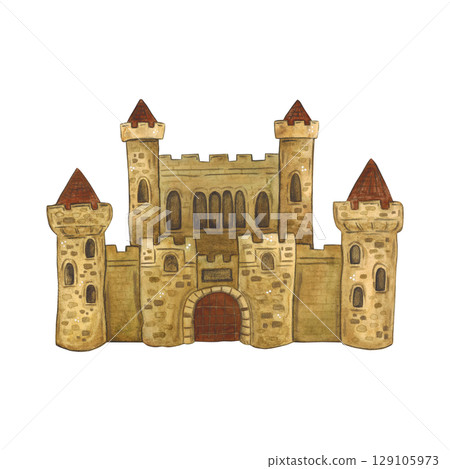 Old medieval castle. Watercolor illustration hand drawn, cartoon. drawing for stickers, cards, printing, scrapbooking. history, building, housing, stone, fairy tale, advent Old medieval castle. Watercolor illustration hand drawn, cartoon. drawing for stickers, cards, printing, scrapbooking. history, building, housing, stone, fairy tale, advent 129105973