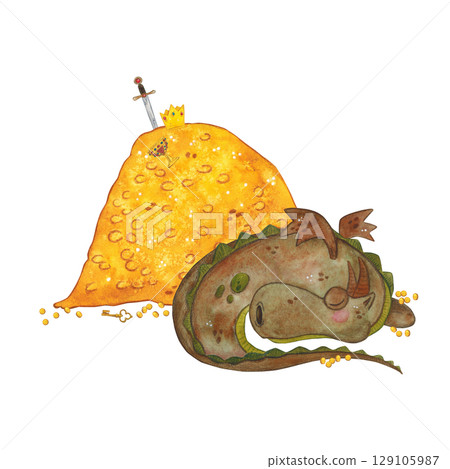 Dragon lying next to a pile of gold. Watercolor illustration hand drawn in cartoon. Drawing for stickers, print, children's book. Fairy tale, dragon, dinosaur, fire, wings Dragon lying next to a pile of gold. Watercolor illustration hand drawn in cartoon. Drawing for stickers, print, children's book. Fairy tale, dragon, dinosaur, fire, wings 129105987
