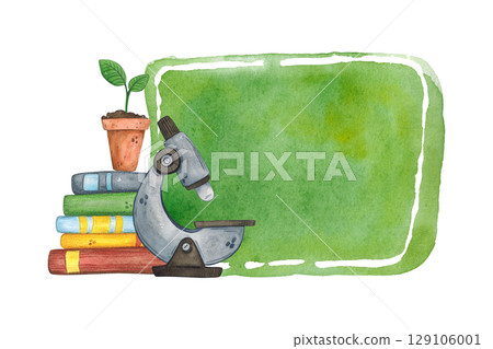 Sticker for notes with microscope with stack of books and potted plant. Watercolor illustration, hand drawn, cartoon. Design for stickers, cards, invitations, scrapbooking. Science, school Sticker for notes with microscope with stack of books and potted plant. Watercolor illustration, hand drawn, cartoon. Design for stickers, cards, invitations, scrapbooking. Science, school 129106001