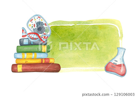 Note sticker with stack of books, cell, DNA molecule and flask with solution. Watercolor illustration, hand drawn, cartoon. Design for stickers, invitations, scrapbooking. Science, school Note sticker with stack of books, cell, DNA molecule and flask with solution. Watercolor illustration, hand drawn, cartoon. Design for stickers, invitations, scrapbooking. Science, school 129106003