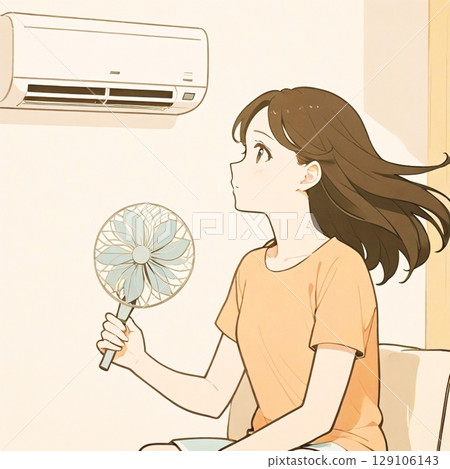 A woman holding a handheld fan under an air conditioner 129106143