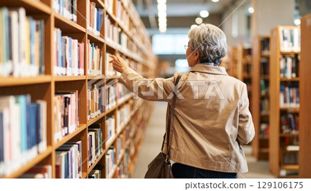 老人在圖書館找書 129106175