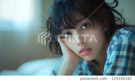 A young woman in pajamas with a blank expression after waking up 129106182