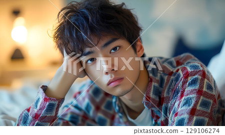 A young man lying on his bed with a depressed look on his elbows 129106274