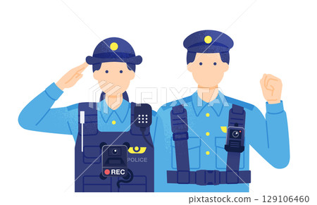 一名配戴隨身攝影機的男警官和一名敬禮的女警官。向量圖示警察佩戴隨身攝影機。 129106460