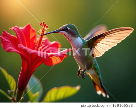 Hovering Hummingbird Feeding on Red Hibiscus with Iridescent Feathers and Garden Blur 129106558