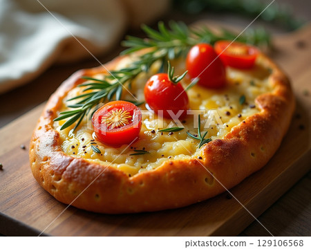 Golden Focaccia with Fresh Rosemary and Tomatoes 129106568