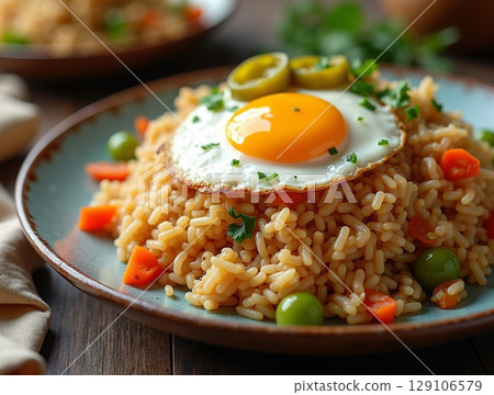 Indonesian Fried Rice with Sunny Side Up Egg and Pickled Jalapenos on Blue Plate with Vibrant Vegetable Garnish 129106579