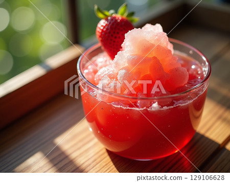 Strawberry Iced Drink with Crushed Ice and Whole Berry Garnish in Sunlit Glass on Outdoor Surface Strawberry Iced Drink with Crushed Ice and Whole Berry Garnish in Sunlit Glass on Outdoor Surface 129106628