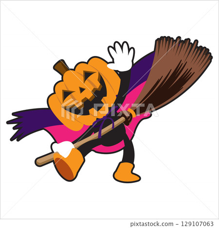An illustration of a pumpkin lantern flying happily on a broom, perfect for Halloween 129107063