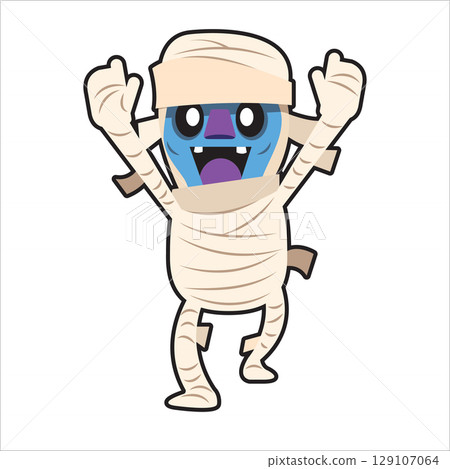 An illustration of a mummy character having fun with both hands raised An illustration of a mummy character having fun with both hands raised 129107064