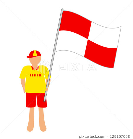 Lifeguard holding a tsunami flag 129107068