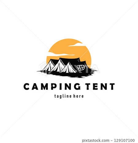 Camping tent logo design with a simple silhouette of a cool wilderness adventure with a modern minimalist design tent as a template illustration 129107100