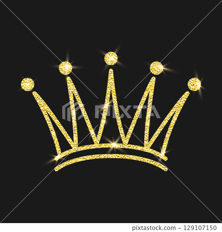 Vector Yellow Golden Glitter Crown Icon on Black Background. Queen Crown. Princess Glowing Crown, Royal Luxury Logo Design Element. Gold Sparkle Crown Clipart for Invitation, Greeting Card 129107150