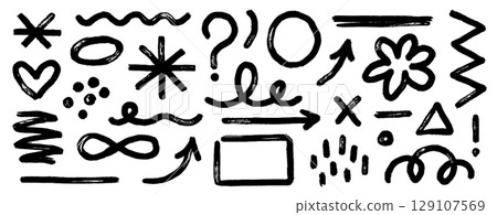 Arrow brush asterisk marker line shape set. Hand drawn brush stroke asterisk, arrow, squiggle shape with grunge texture. Abstract sketch paint elements for geometric background. Vector 129107569