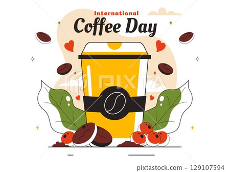 International Coffee Day Vector Illustration on 1st October, Featuring Aromatic Coffee and a Relaxing Drink with a Brown Background in a Cute Cartoon International Coffee Day Vector Illustration on 1st October, Featuring Aromatic Coffee and a Relaxing Drink with a Brown Background in a Cute Cartoon 129107594
