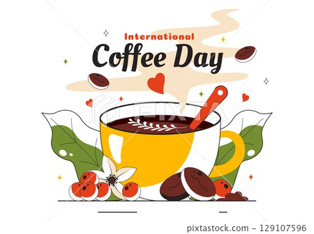 International Coffee Day Vector Illustration on 1st October, Featuring Aromatic Coffee and a Relaxing Drink with a Brown Background in a Cute Cartoon 129107596