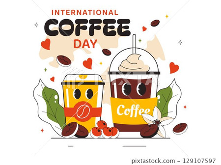 International Coffee Day Vector Illustration on 1st October, Featuring Aromatic Coffee and a Relaxing Drink with a Brown Background in a Cute Cartoon International Coffee Day Vector Illustration on 1st October, Featuring Aromatic Coffee and a Relaxing Drink with a Brown Background in a Cute Cartoon 129107597
