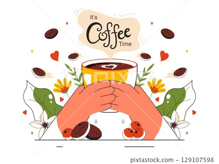International Coffee Day Vector Illustration on 1st October, Featuring Aromatic Coffee and a Relaxing Drink with a Brown Background in a Cute Cartoon International Coffee Day Vector Illustration on 1st October, Featuring Aromatic Coffee and a Relaxing Drink with a Brown Background in a Cute Cartoon 129107598