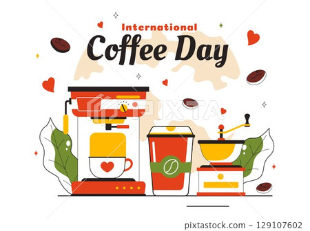 International Coffee Day Vector Illustration on 1st October, Featuring Aromatic Coffee and a Relaxing Drink with a Brown Background in a Cute Cartoon 129107602