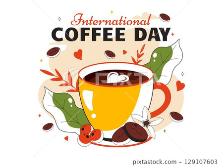 International Coffee Day Vector Illustration on 1st October, Featuring Aromatic Coffee and a Relaxing Drink with a Brown Background in a Cute Cartoon 129107603