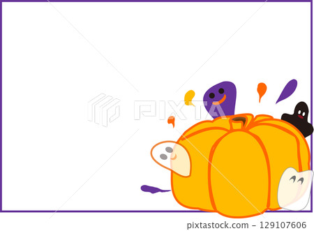 Pumpkins and ghosts on a white background with a frame and copy space on the left 129107606
