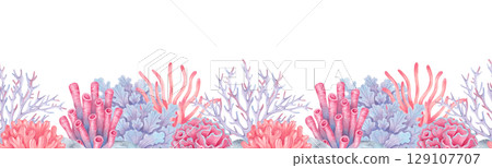 Sea corals, seaweed with stones. Seamless coral reef border. Watercolor and marker illustrations. Hand drawn isolated image. Underwater animals banner for kids room, shower, guidebook. Sea corals, seaweed with stones. Seamless coral reef border. Watercolor and marker illustrations. Hand drawn isolated image. Underwater animals banner for kids room, shower, guidebook. 129107707