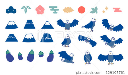 富士山、鷹和茄子等新年材料的插圖集 129107761