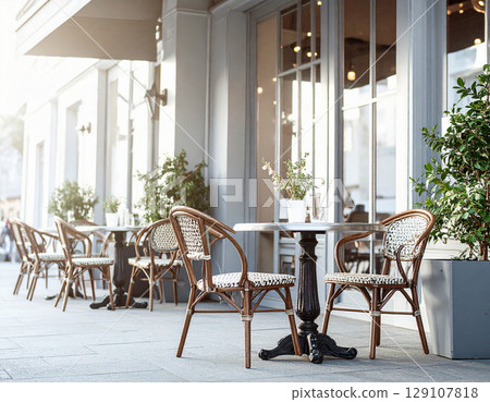 Terrace table Stylish cafe Exterior Terrace seating Open cafe City street 129107818