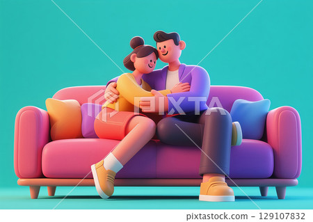 3D illustration of a couple happily hugging on the sofa 3D illustration of a couple happily hugging on the sofa 129107832