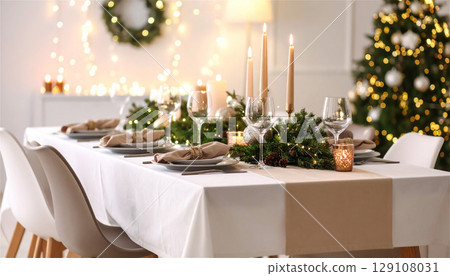 An elegant dining table setting that exudes a Christmas atmosphere. An elegant dining table setting that exudes a Christmas atmosphere. 129108031