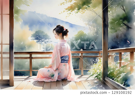 A woman in a yukata relaxing on the veranda, a calm afternoon with a Japanese atmosphere 129108192