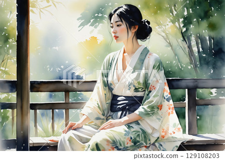 穿著浴衣的女性在陽台上休息，充滿日式氛圍的寧靜午後 129108203