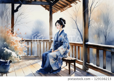 A woman in a yukata relaxing on the veranda, a calm afternoon with a Japanese atmosphere 129108213