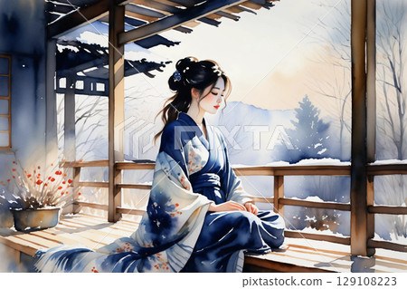 穿著浴衣的女性在陽台上休息,充滿日式氛圍的寧靜午後 穿著浴衣的女性在陽台上休息,充滿日式氛圍的寧靜午後 129108223