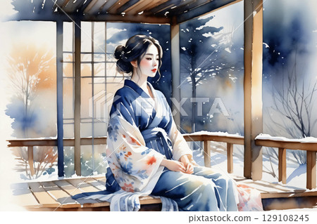 A woman in a yukata relaxing on the veranda, a calm afternoon with a Japanese atmosphere 129108245