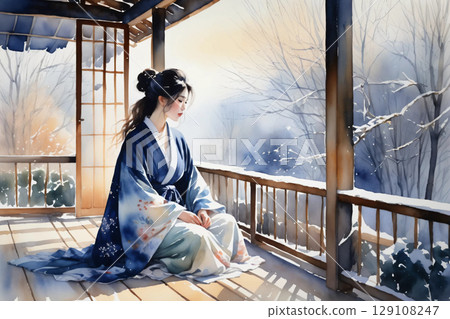 穿著浴衣的女性在陽台上休息，充滿日式氛圍的寧靜午後 129108247