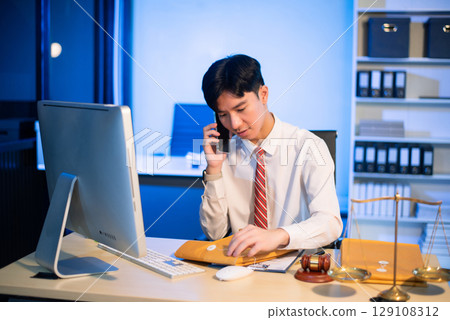 Young Asian lawyer at desk with legal scales and gavel, writing documents in office, offering legal services Young Asian lawyer at desk with legal scales and gavel, writing documents in office, offering legal services 129108312