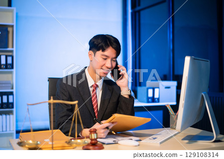 Young Asian lawyer at desk with legal scales and gavel, writing documents in office, offering legal services 129108314