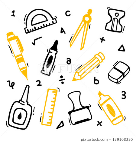 School element doodles on set background. Back to school hand drawn vector illustration. 129108350